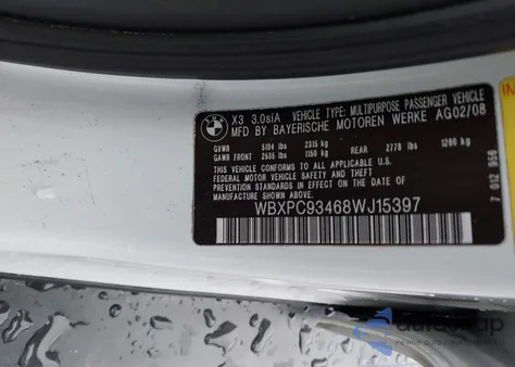 2008 BMW X3 3.0Si z USA, uszkodzony, nr VIN WBXPC93468WJ15397